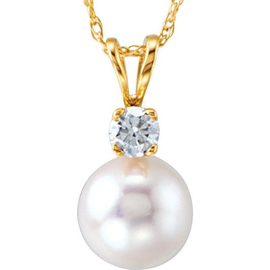 14K Yellow Cultured White Akoya Pearl & 1/10 CTW Natural Diamond 18