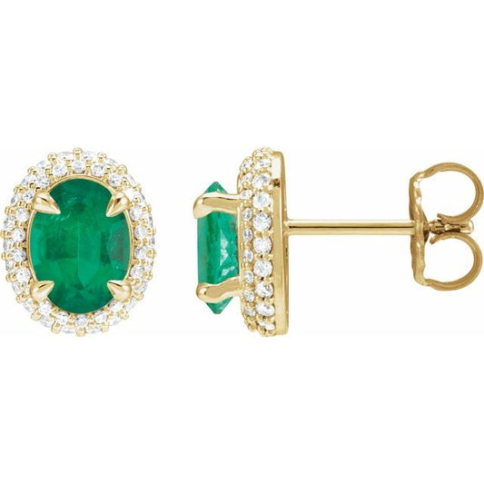 14K Yellow Natural Emerald & 1/2 CTW Natural Diamond Double Halo-Style Earrings